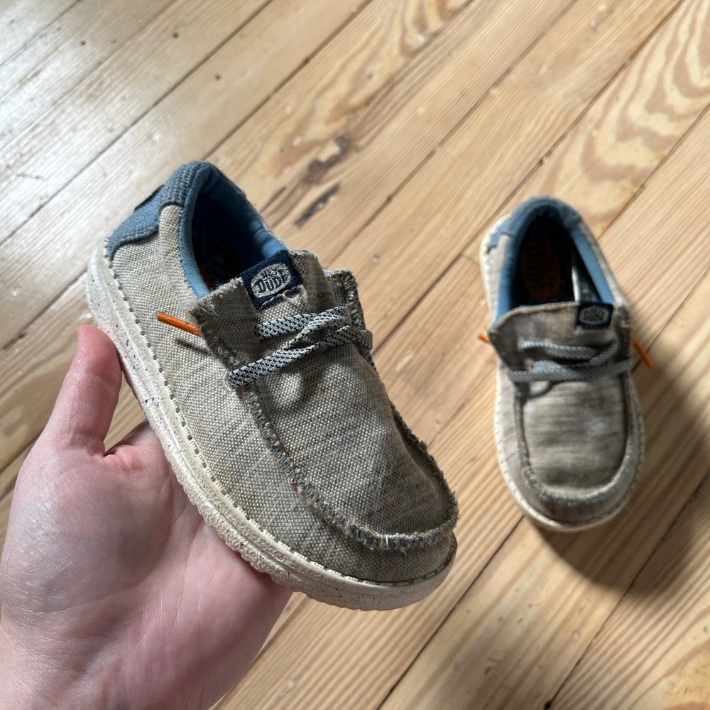 Hey Dude Wally Toddler Jersey Shoes Size 9TD Tan Blue Slip On Casual Loafers
